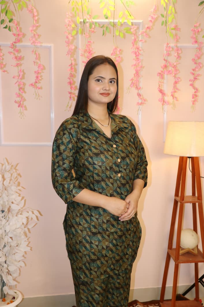 “Geometric Print Green Co-Ord Set – Effortless Style & Everyday Comfort”