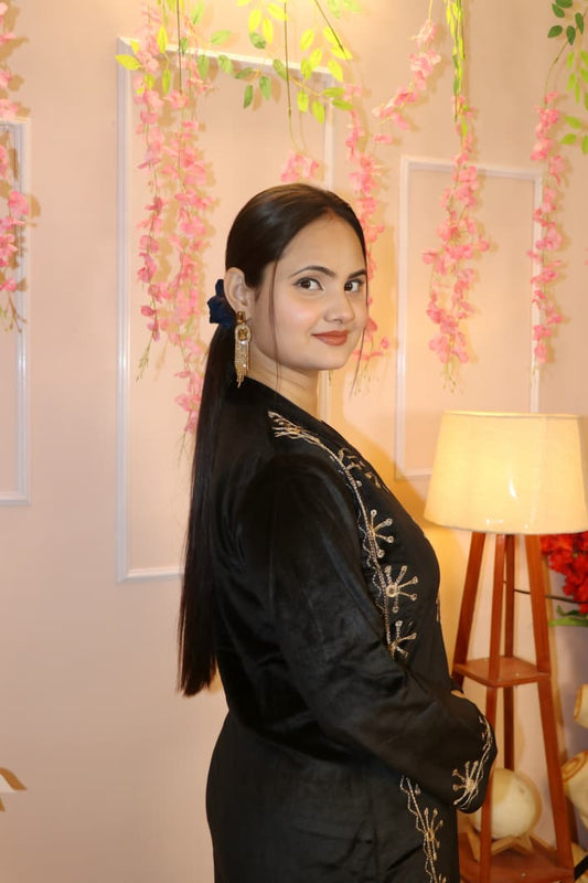 “Black Velvet Embroidered Co-Ord Set – Premium Winter Festive Wear”