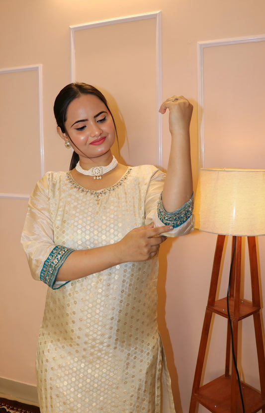 Elegant Cream/Off-White Woven Silk Chanderi Kurta