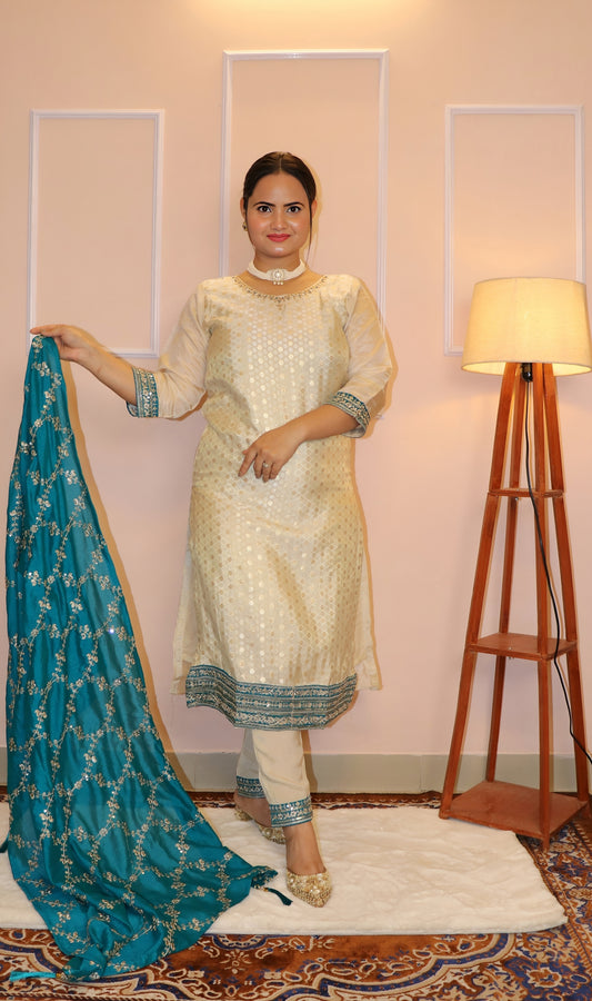 Elegant Cream/Off-White Woven Silk Chanderi Kurta