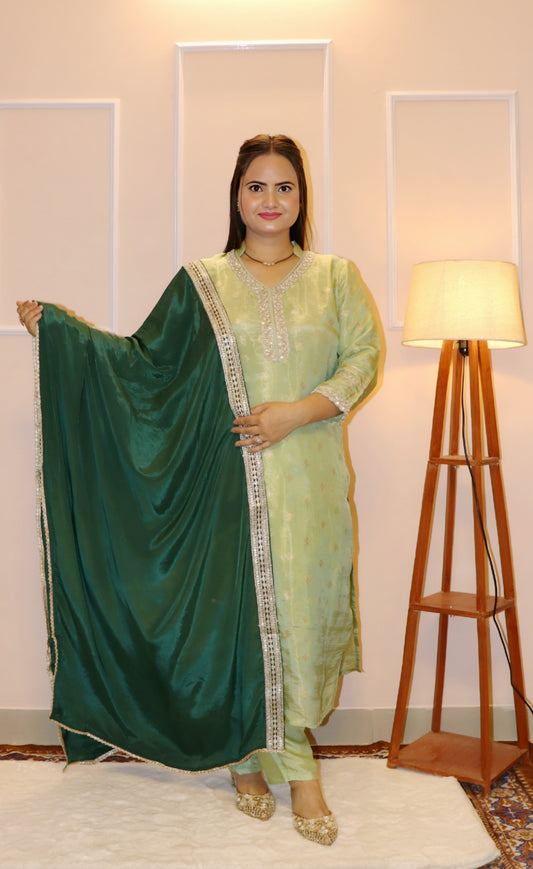 Festive Vibe Handcrafted Kurta Set with Elegant Bottle Green Embroidered Dupatta