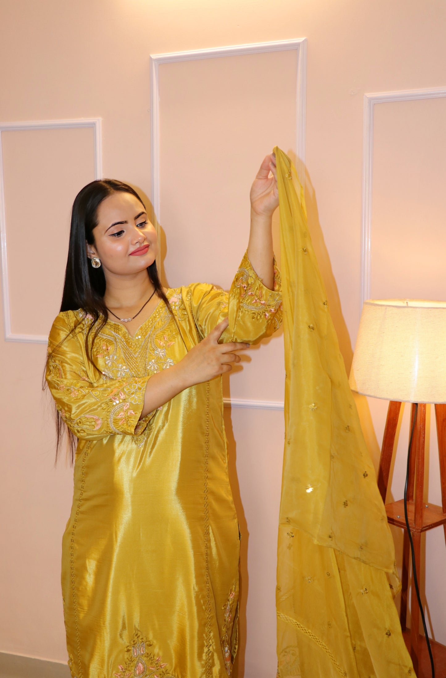 Mustard Yellow Embroidered Premium Glossy Silk Kurta Set