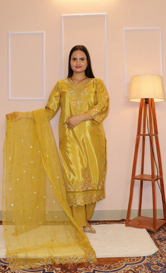 Mustard Yellow Embroidered Premium Glossy Silk Kurta Set