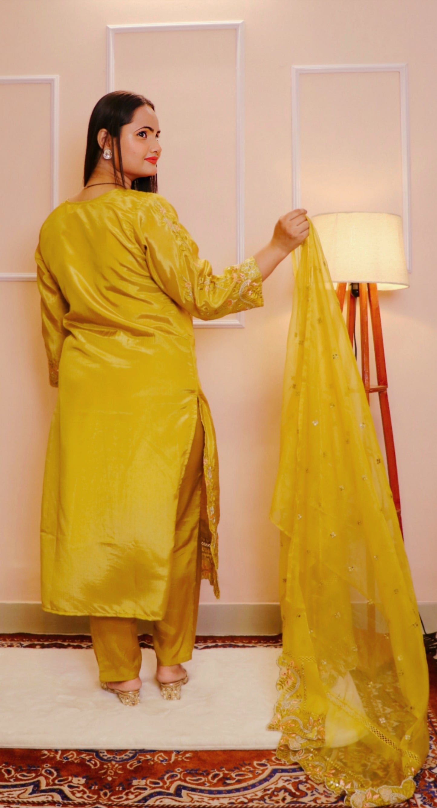 Mustard Yellow Embroidered Premium Glossy Silk Kurta Set