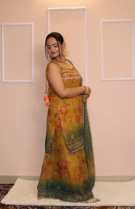 Mustard Ombre Embroidered Kurti Palazzo Set with Dupatta