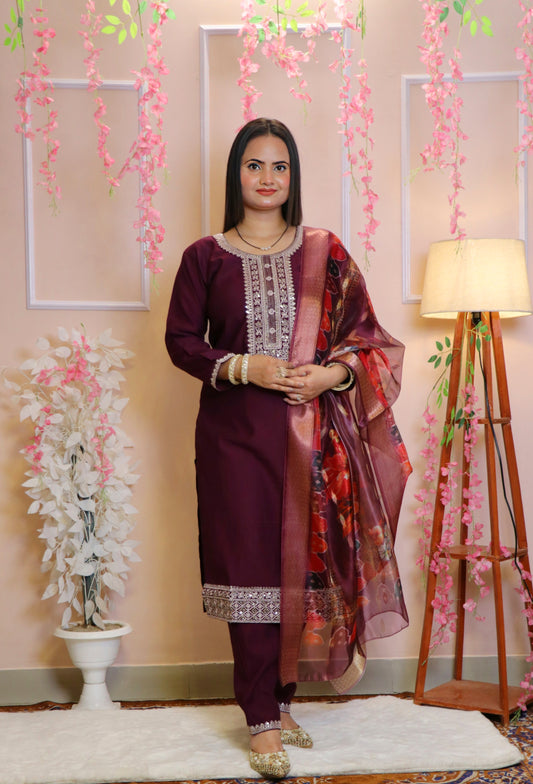 Maroon Sequined Kurta with Silk Banarasi Dupatta