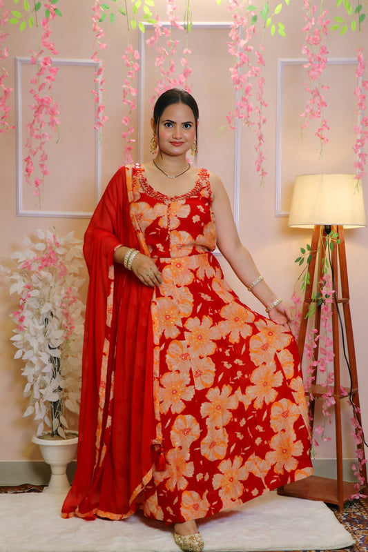 Red Floral Print Sleeveless Anarkali Kurta Set