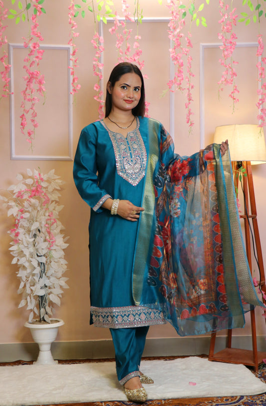 Teal Blue Kurta with Heavy Embroidered Yoke