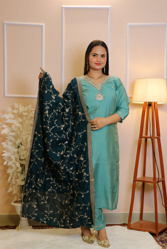 Aqua Kurta Set Handcrafted with Heavy Embroidered Neck & Navy Dupatta