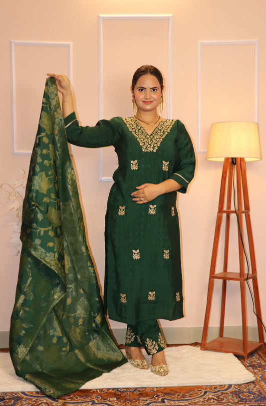 Festive Bottle Green Kurta Set with Gold Zari Work