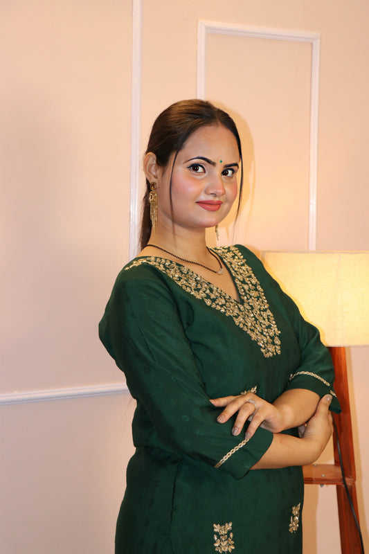 Festive Bottle Green Kurta Set with Gold Zari Work