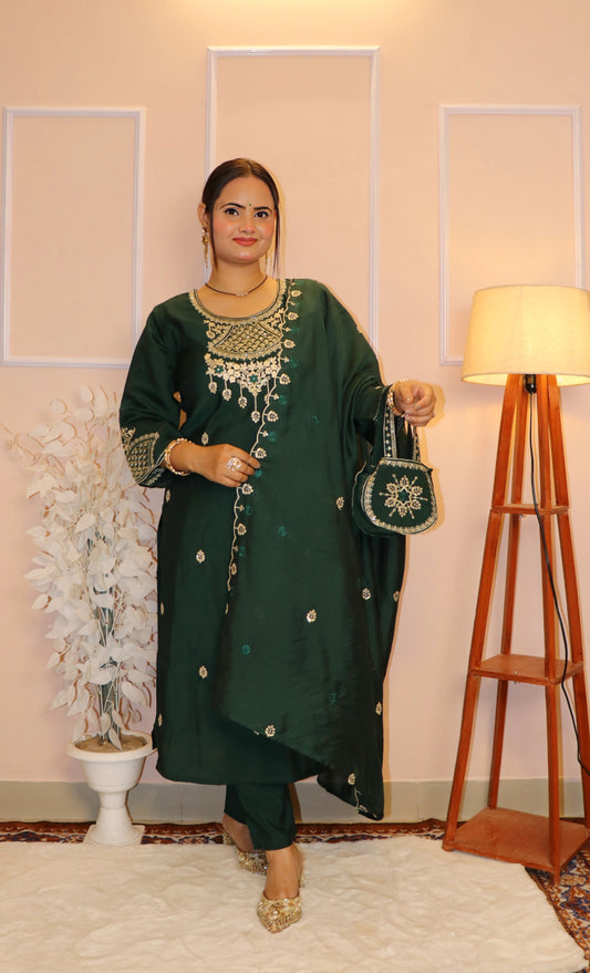 Deep Green Silk Suit with Gold Zari Work