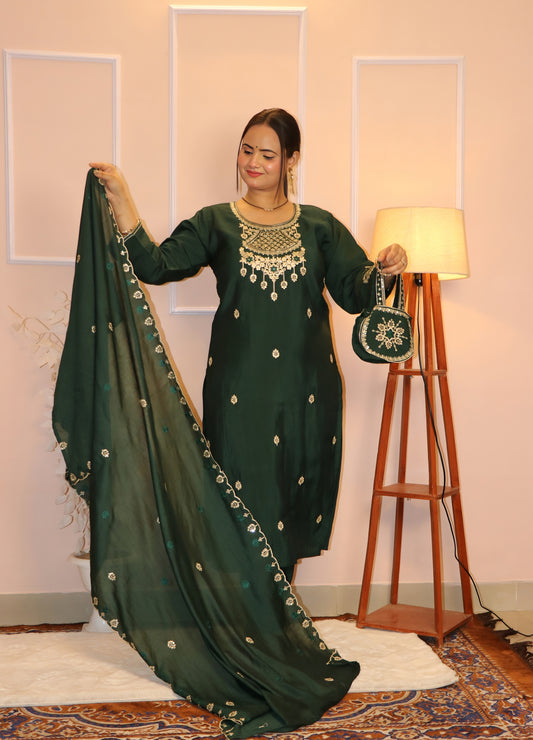 Deep Green Silk Suit with Gold Zari Work