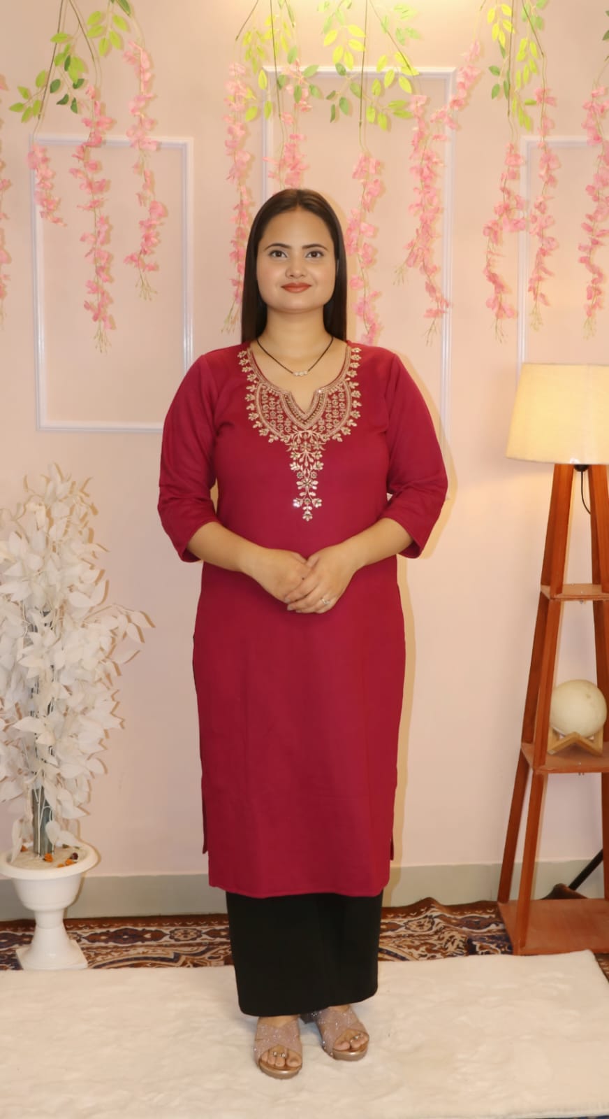 “Rich Wine Red Embroidered Woollen  Kurti – Winter Festive Elegance”