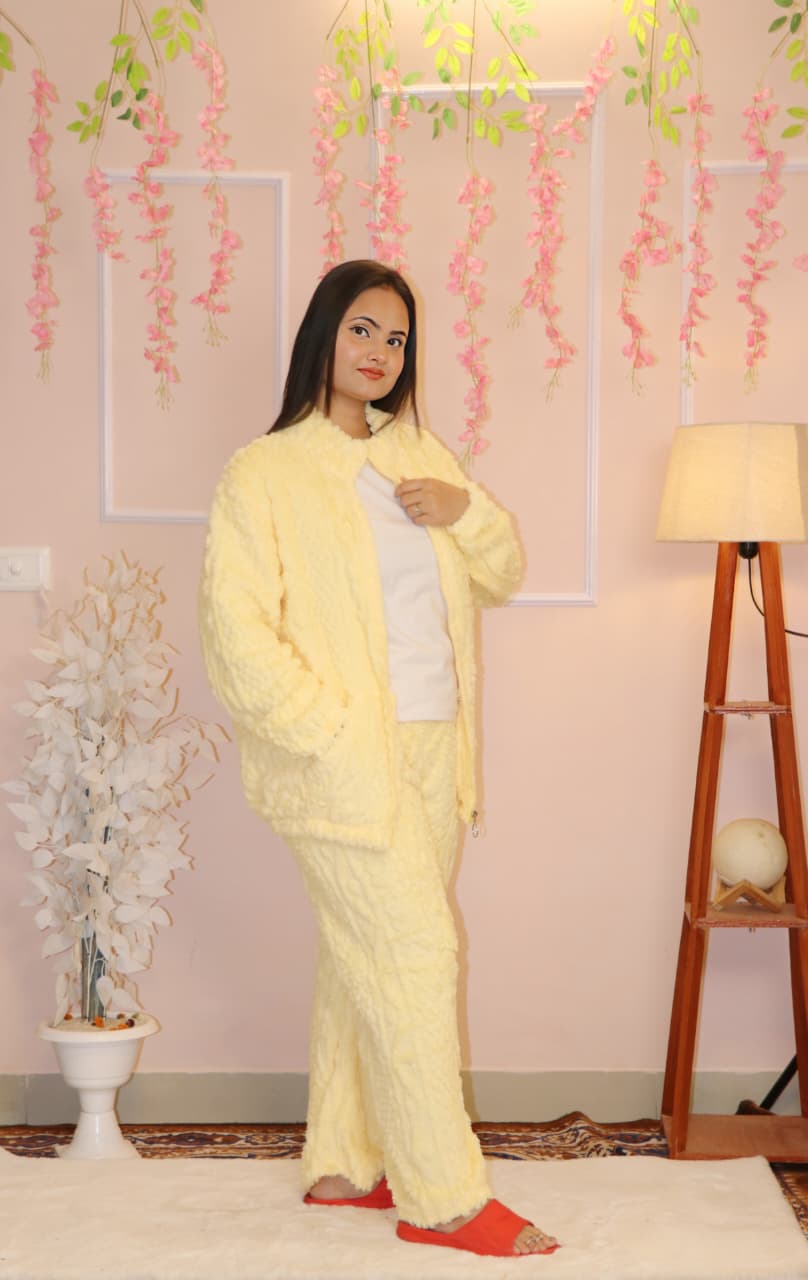 “Pastel Yellow Fluffy Winter Co-ord Set – Ultra Soft, Warm & Cozy Loungewear”