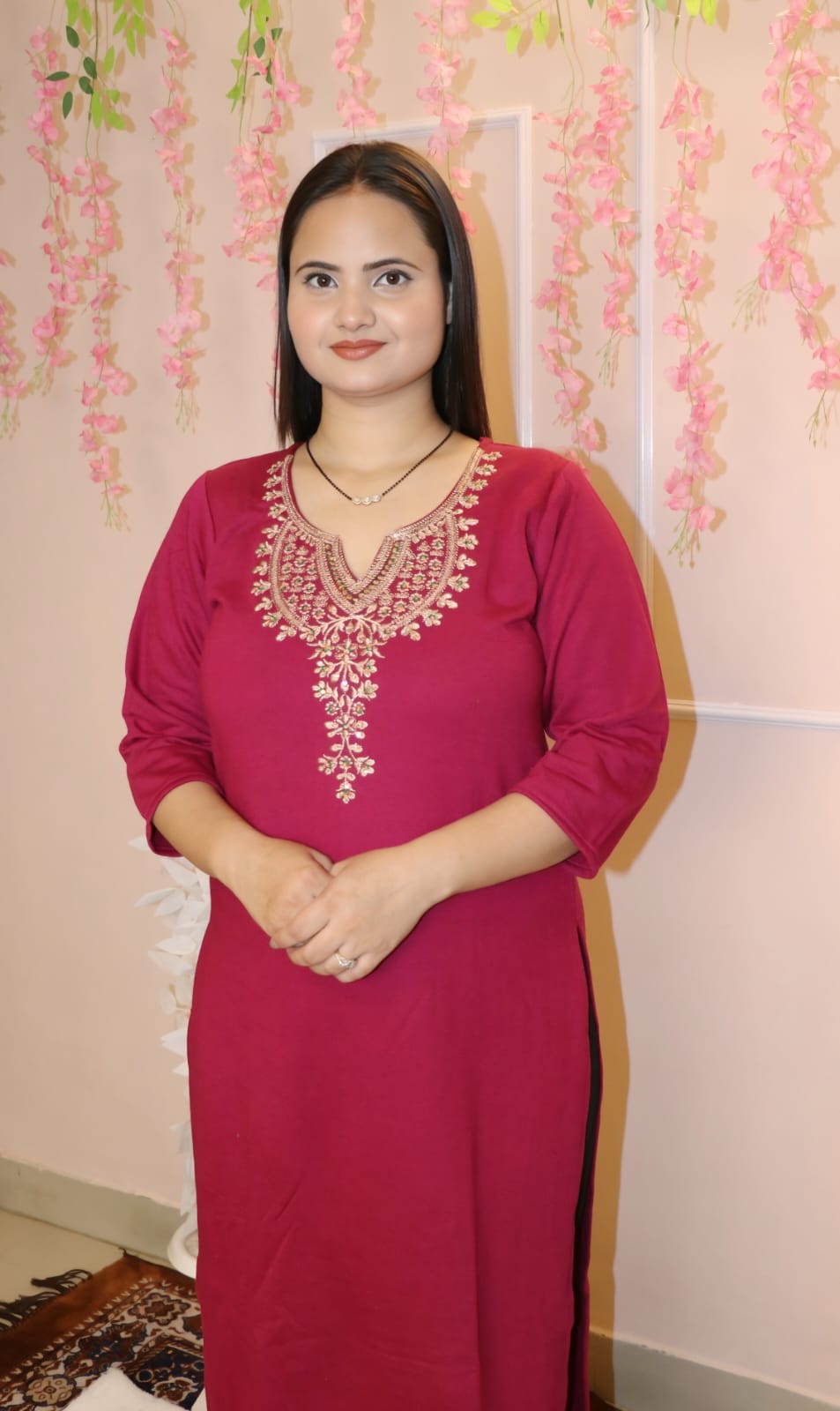 “Rich Wine Red Embroidered Woollen  Kurti – Winter Festive Elegance”