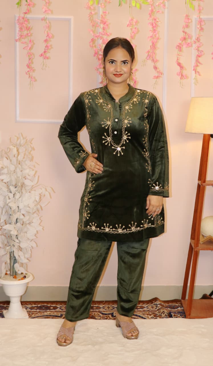 “Olive Green Velvet Embroidered Co-Ord Set – Royal Winter Festive Wear”