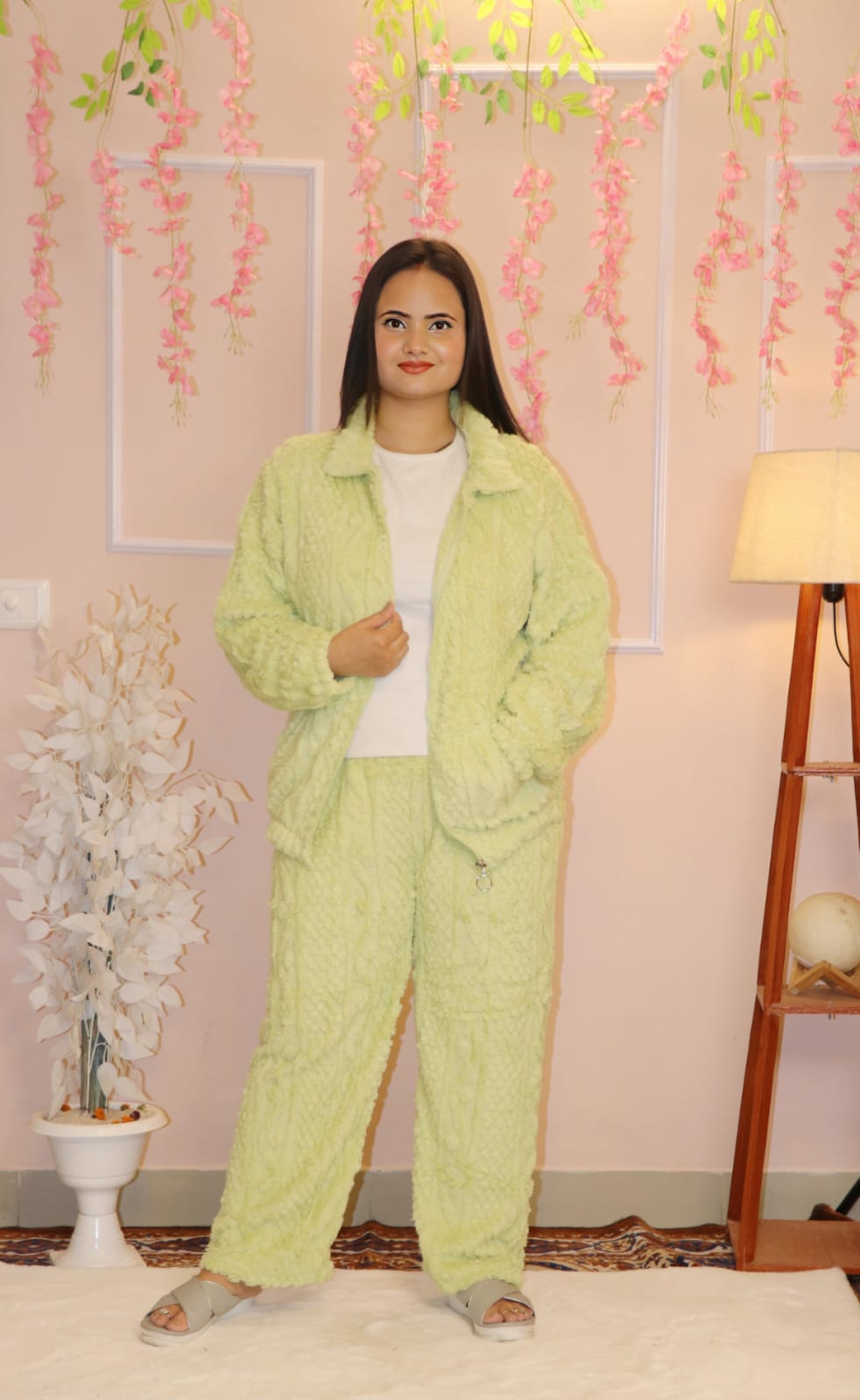 “Light Green Fluffy Winter Co-ord Set – Ultra Soft, Warm & Cozy Loungewear”