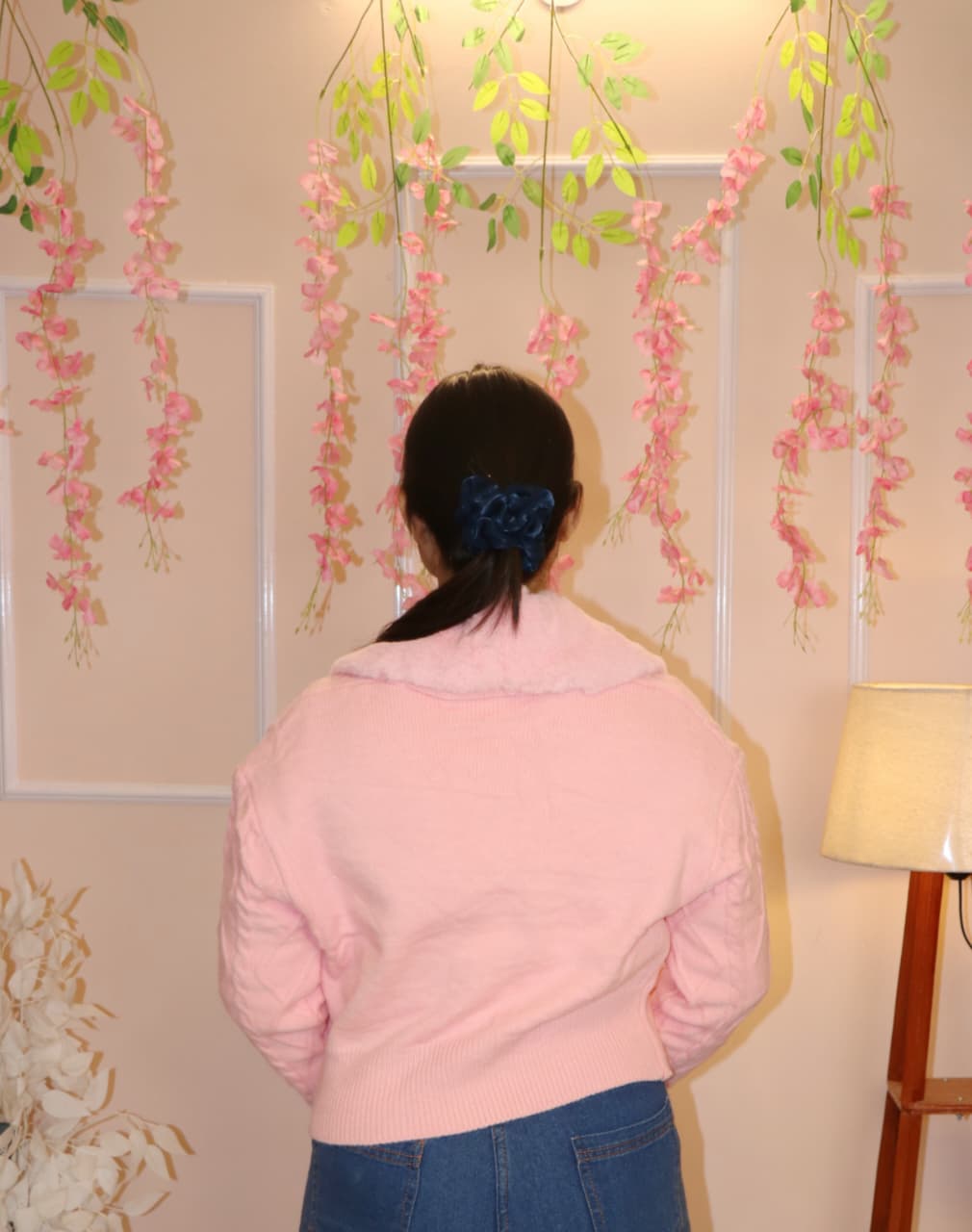 “Baby Pink Removable Fur-Collar Knitted Winter  Cardigan Soft, Elegant & Ultra-Cozy”