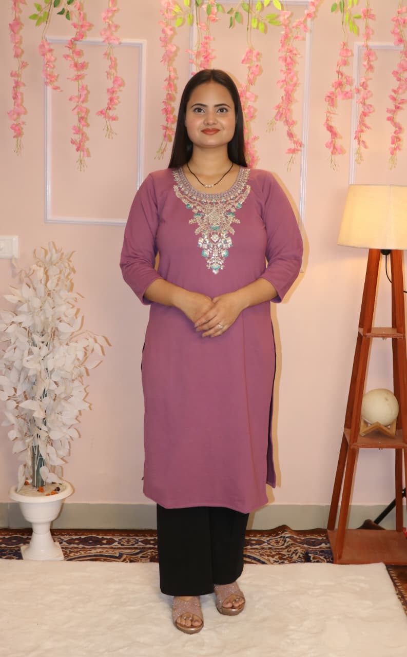 ✨ “Elegant Mauve Embroidered Woollen  Kurti – Winter Ready Look” ✨