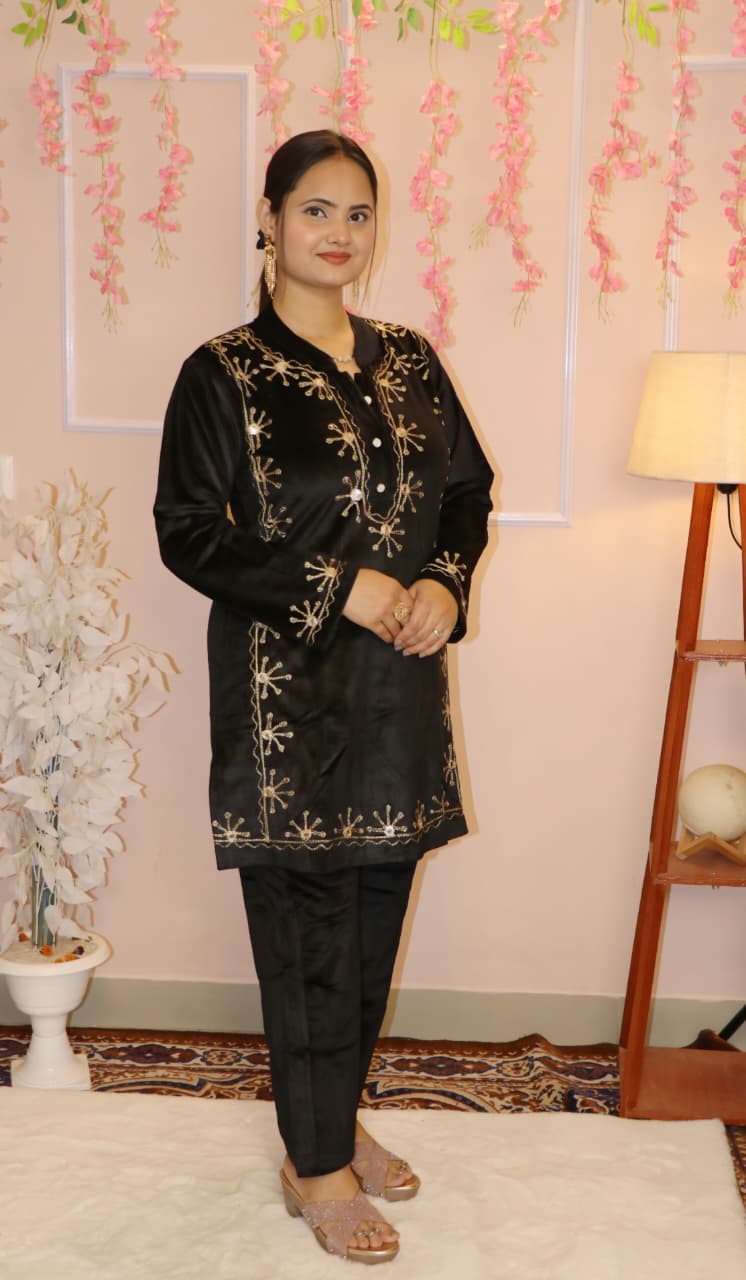 “Black Velvet Embroidered Co-Ord Set – Premium Winter Festive Wear”
