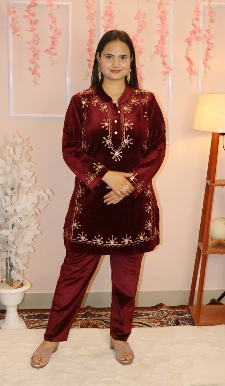 “Maroon Velvet Embroidered Co-Ord Set – Luxurious Winter Festive Wear”