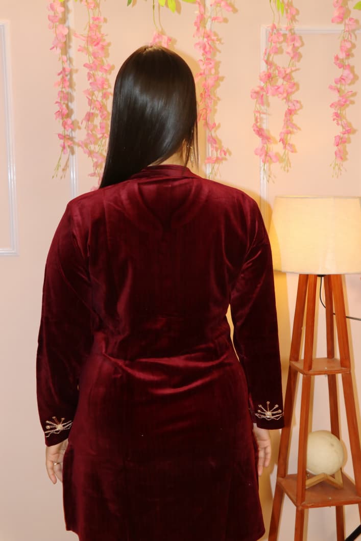 “Maroon Velvet Embroidered Co-Ord Set – Luxurious Winter Festive Wear”