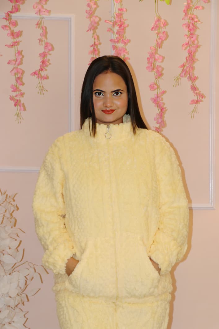 “Pastel Yellow Fluffy Winter Co-ord Set – Ultra Soft, Warm & Cozy Loungewear”