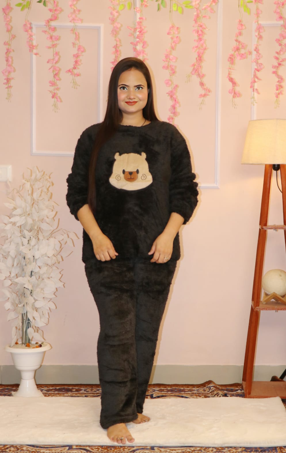 Super-Soft Plush Black Winter Co-ord Set | Cozy Warm Loungewear
