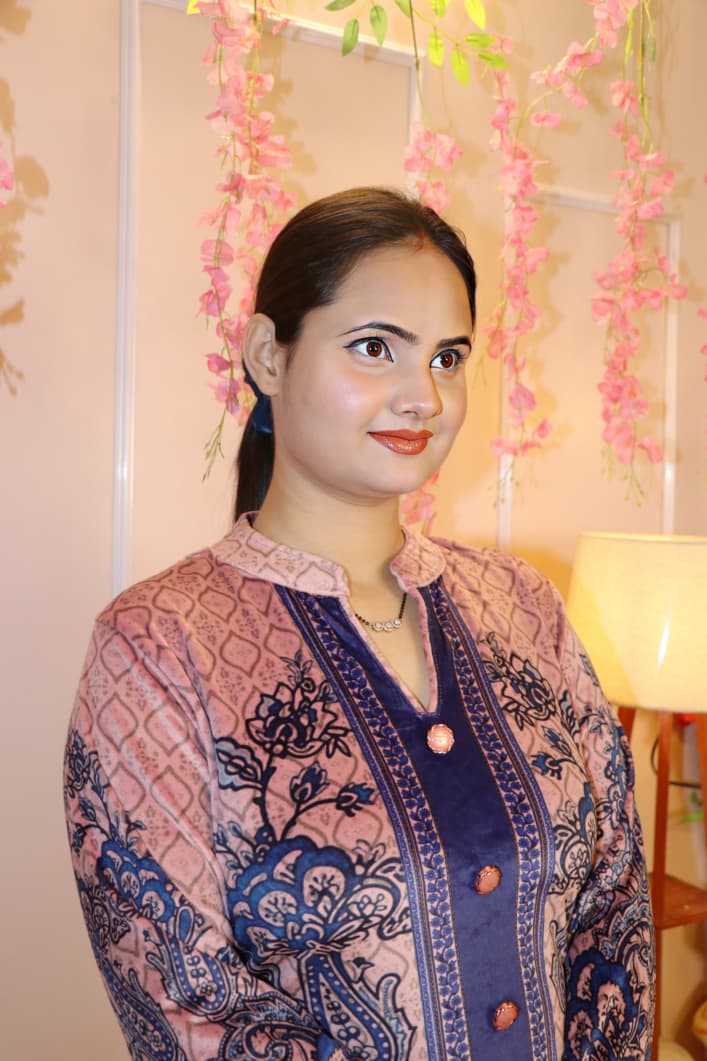 “Rose Pink & Navy Printed Velvet Co-Ord Set – Elegant Winter Festive Wear”