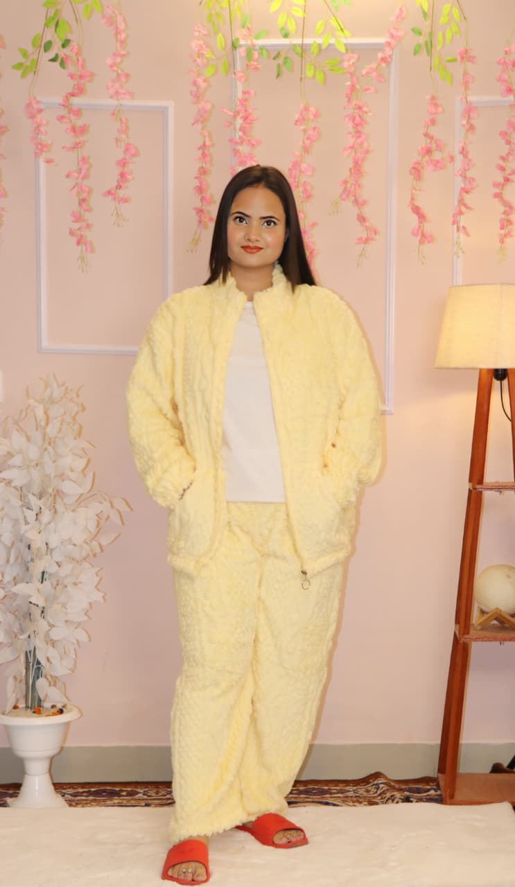“Pastel Yellow Fluffy Winter Co-ord Set – Ultra Soft, Warm & Cozy Loungewear”