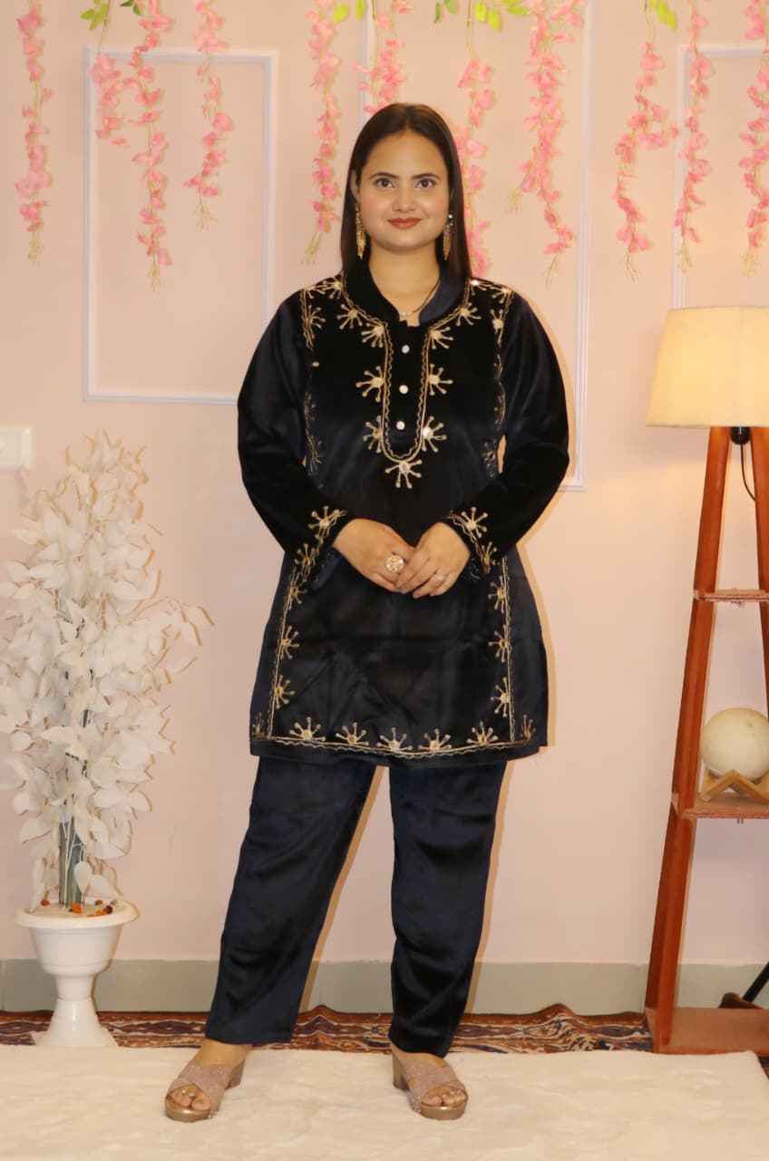 “Navy Blue Velvet Embroidered Co-Ord Set – Royal Winter Festive Wear”